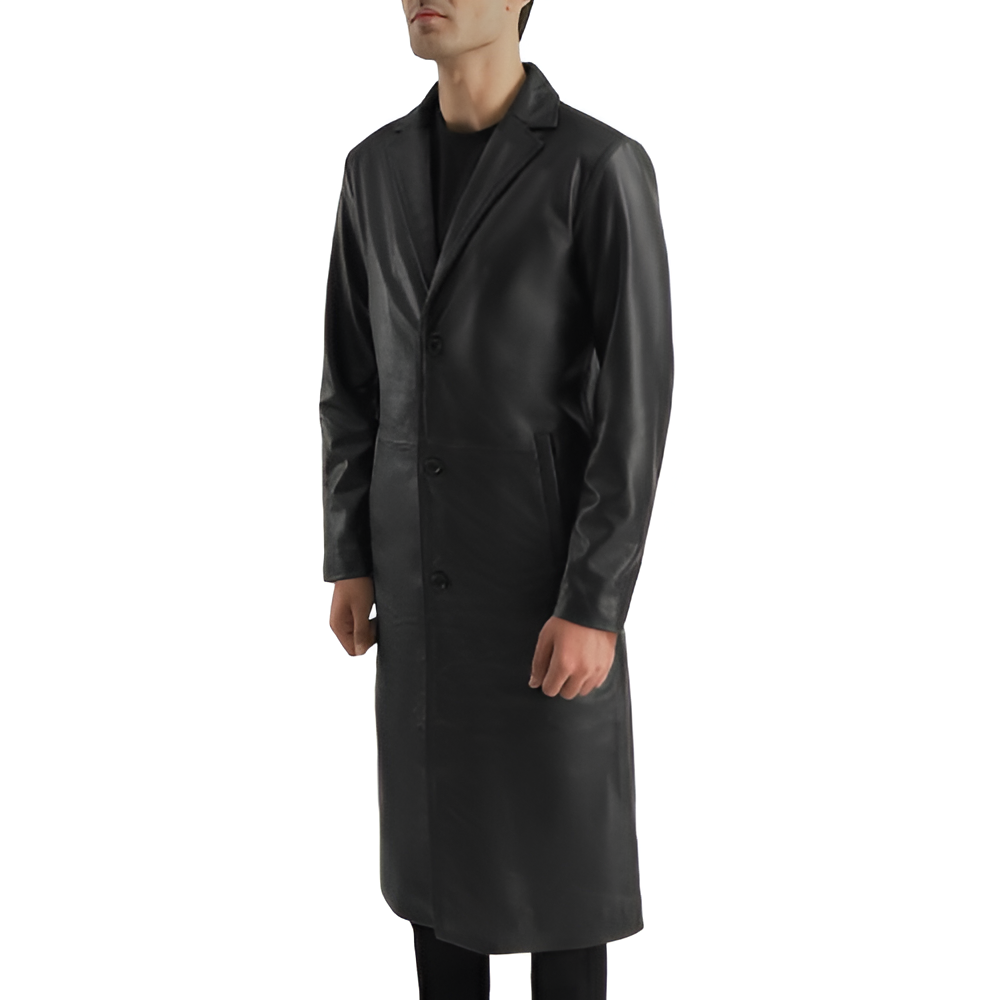 Men's Black Leather Long Coat