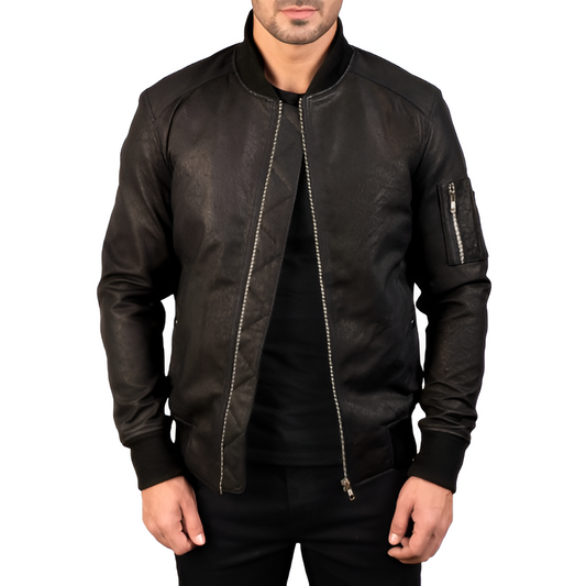 Men's Black Leather Bomber Jacket