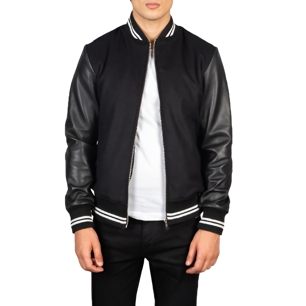 Men's Black Varsity Jacket with Leather Sleeves