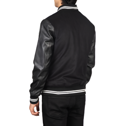 Men's Black Varsity Jacket with Leather Sleeves