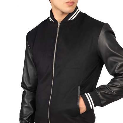 Men's Black Varsity Jacket with Leather Sleeves