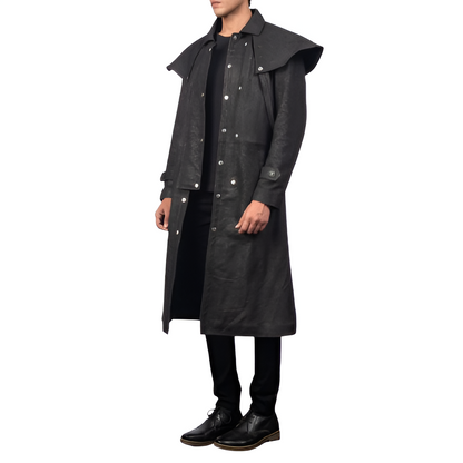 Men's Black Double-Layered Leather Trench Coat