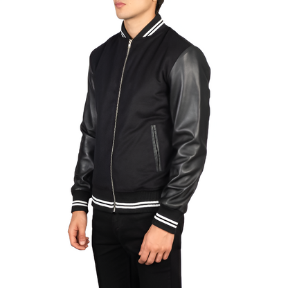 Men's Black Varsity Jacket with Leather Sleeves