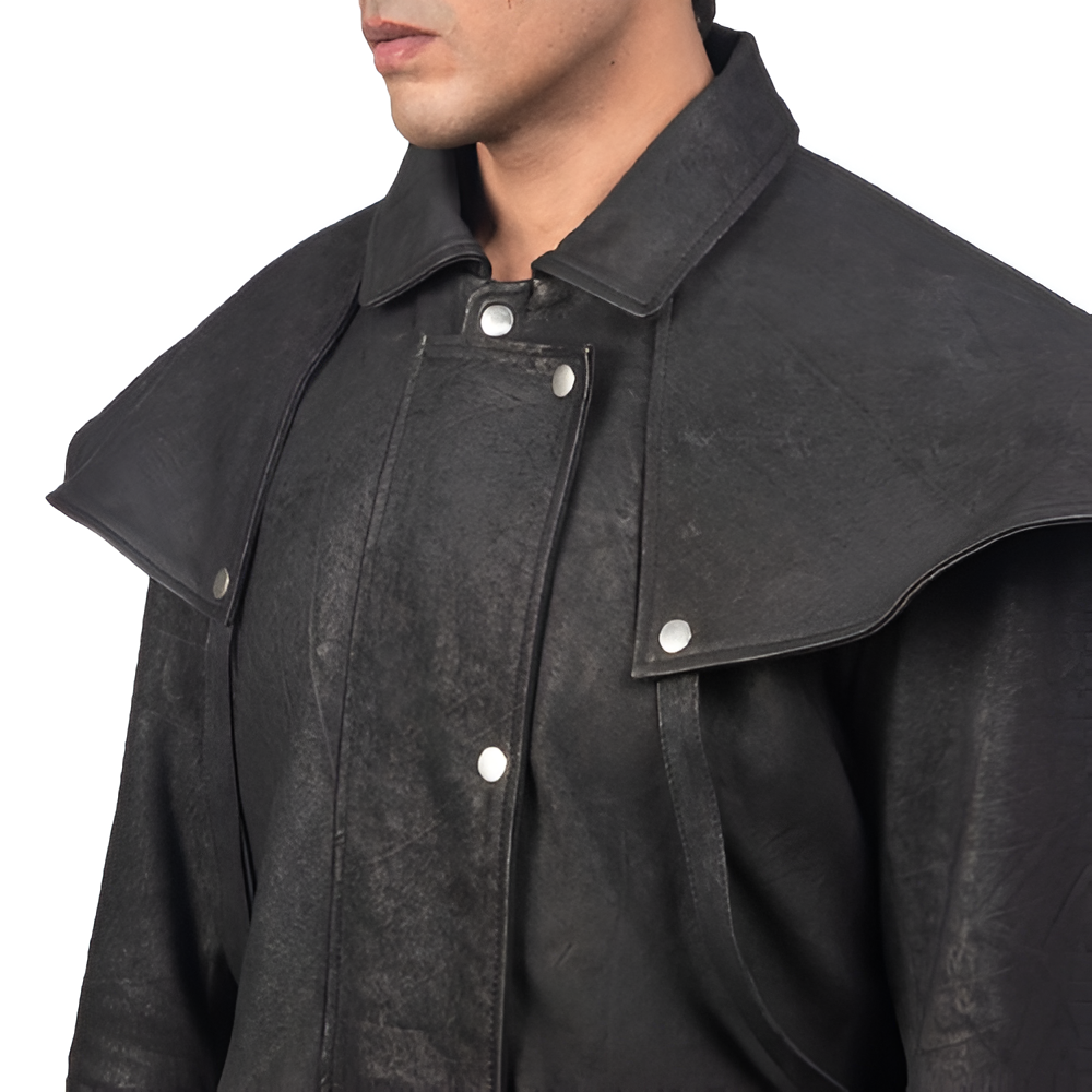 Men's Black Double-Layered Leather Trench Coat