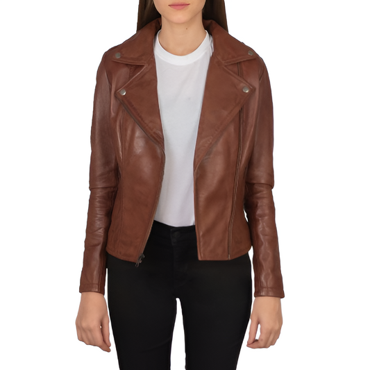 Women's Brown Leather Biker Jacket