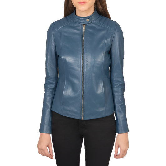 Women's Blue Stand Collar Leather Jacket