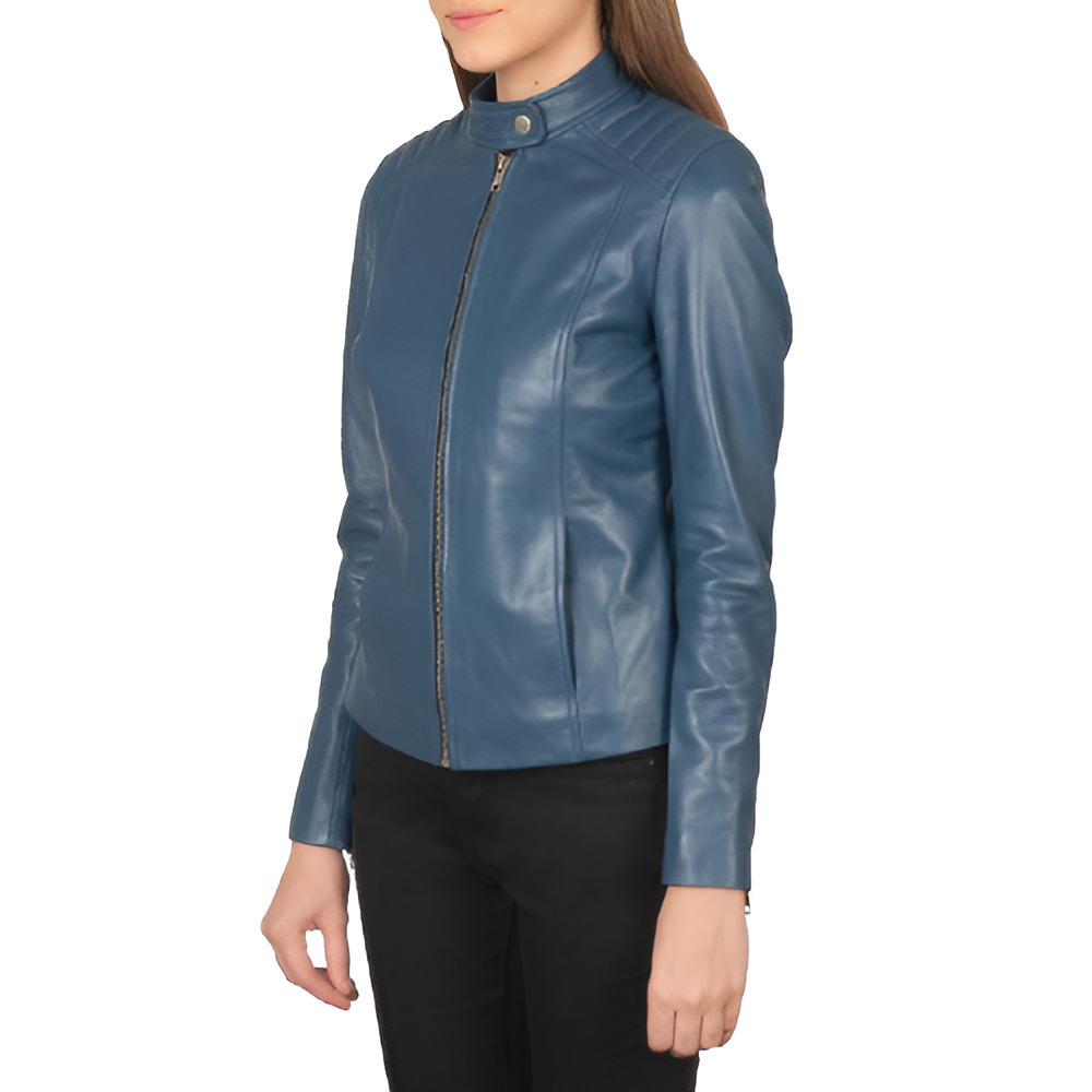 Women's Blue Stand Collar Leather Jacket