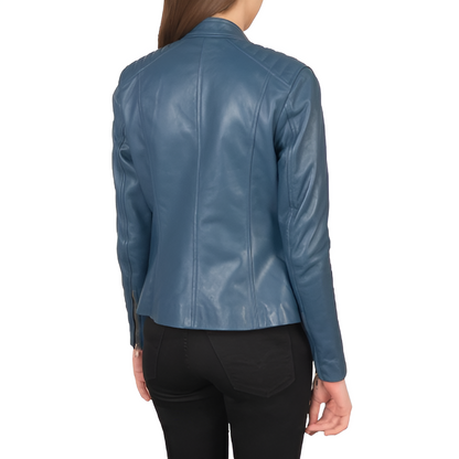 Women's Blue Stand Collar Leather Jacket