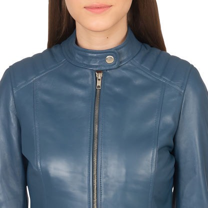 Women's Blue Stand Collar Leather Jacket