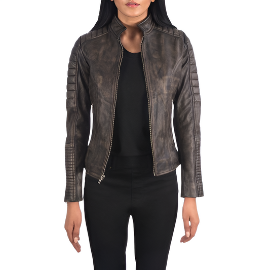 Women's Distressed Leather Biker Jacket