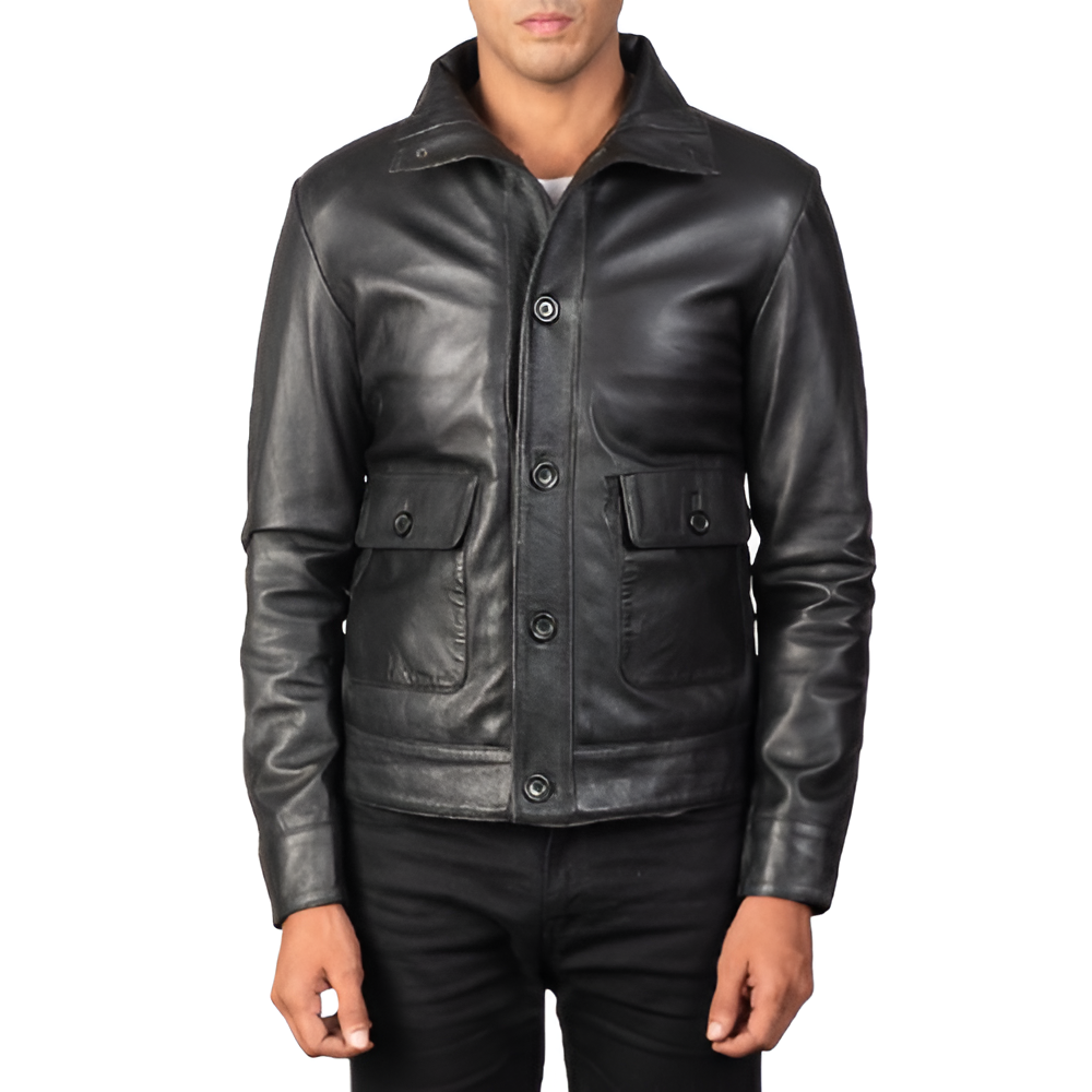 Men's Black Button-Up Leather Jacket