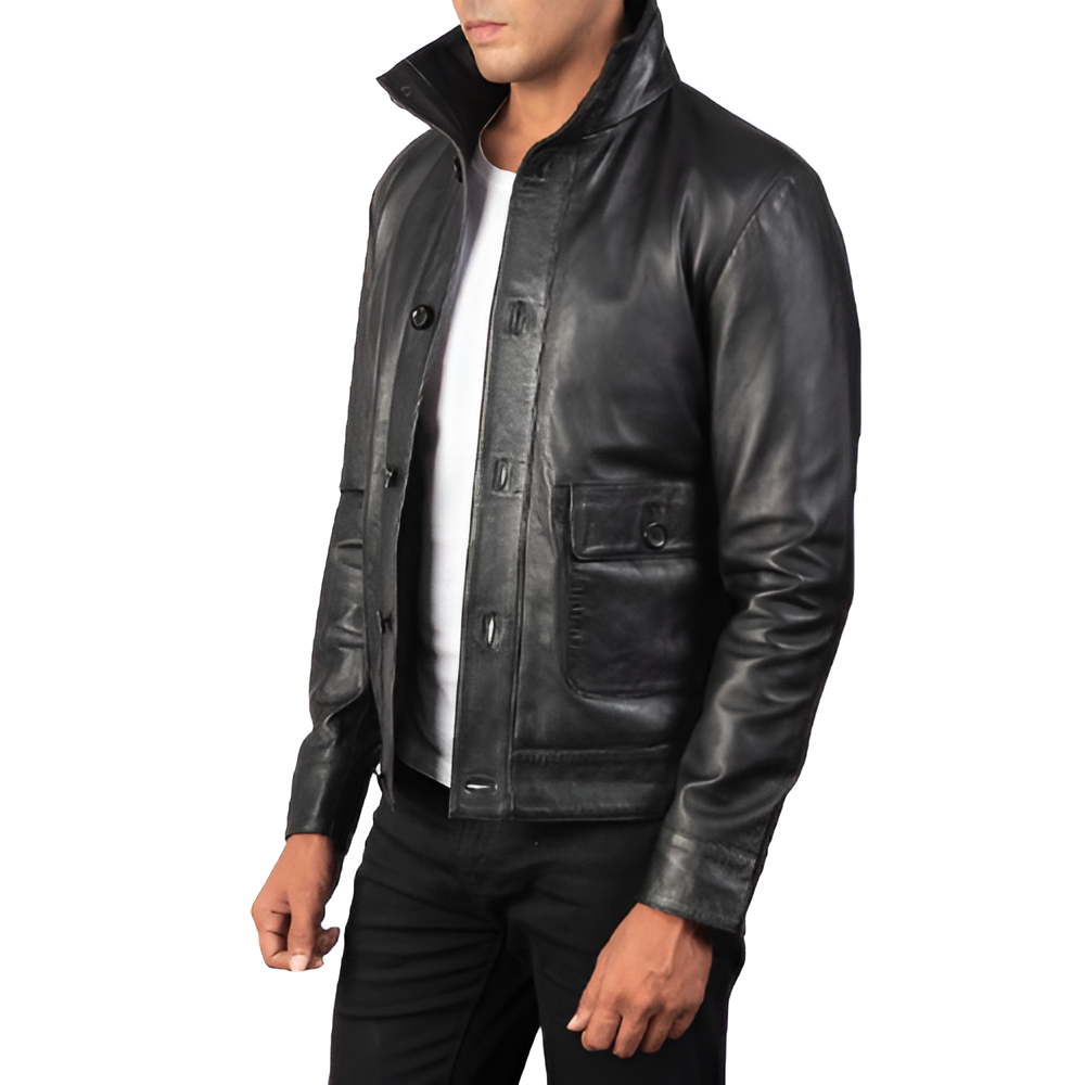 Men's Black Button-Up Leather Jacket