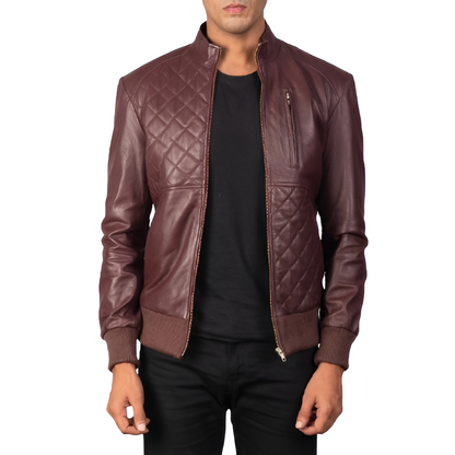 Men's Quilted Maroon Leather Jacket