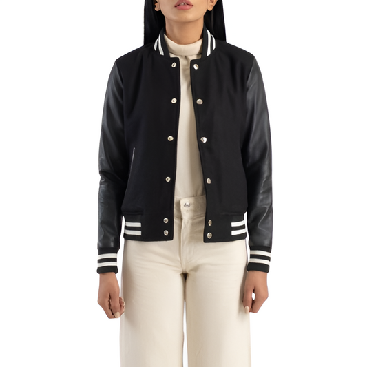 Women's Black Varsity Jacket with Leather Sleeves