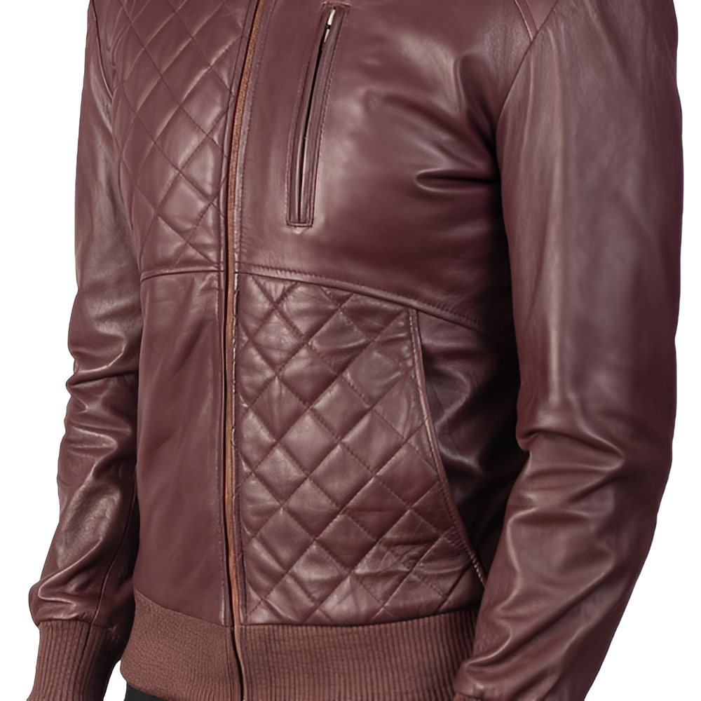 Men's Quilted Maroon Leather Jacket