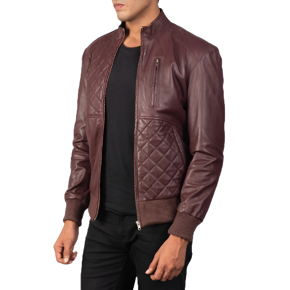 Men's Quilted Maroon Leather Jacket