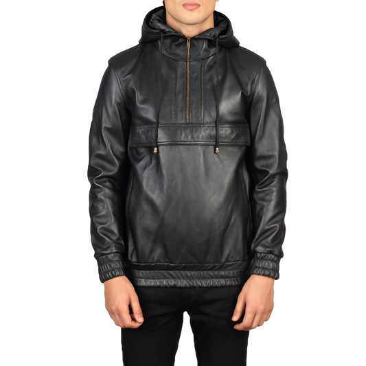 Men's Black Hooded Leather Pullover