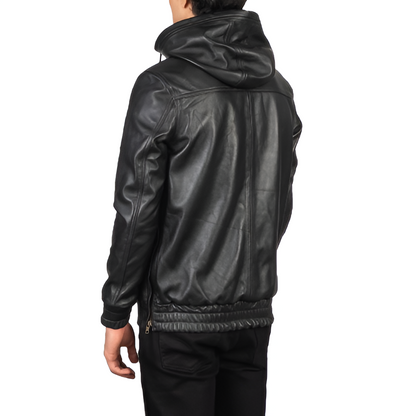 Men's Black Hooded Leather Pullover