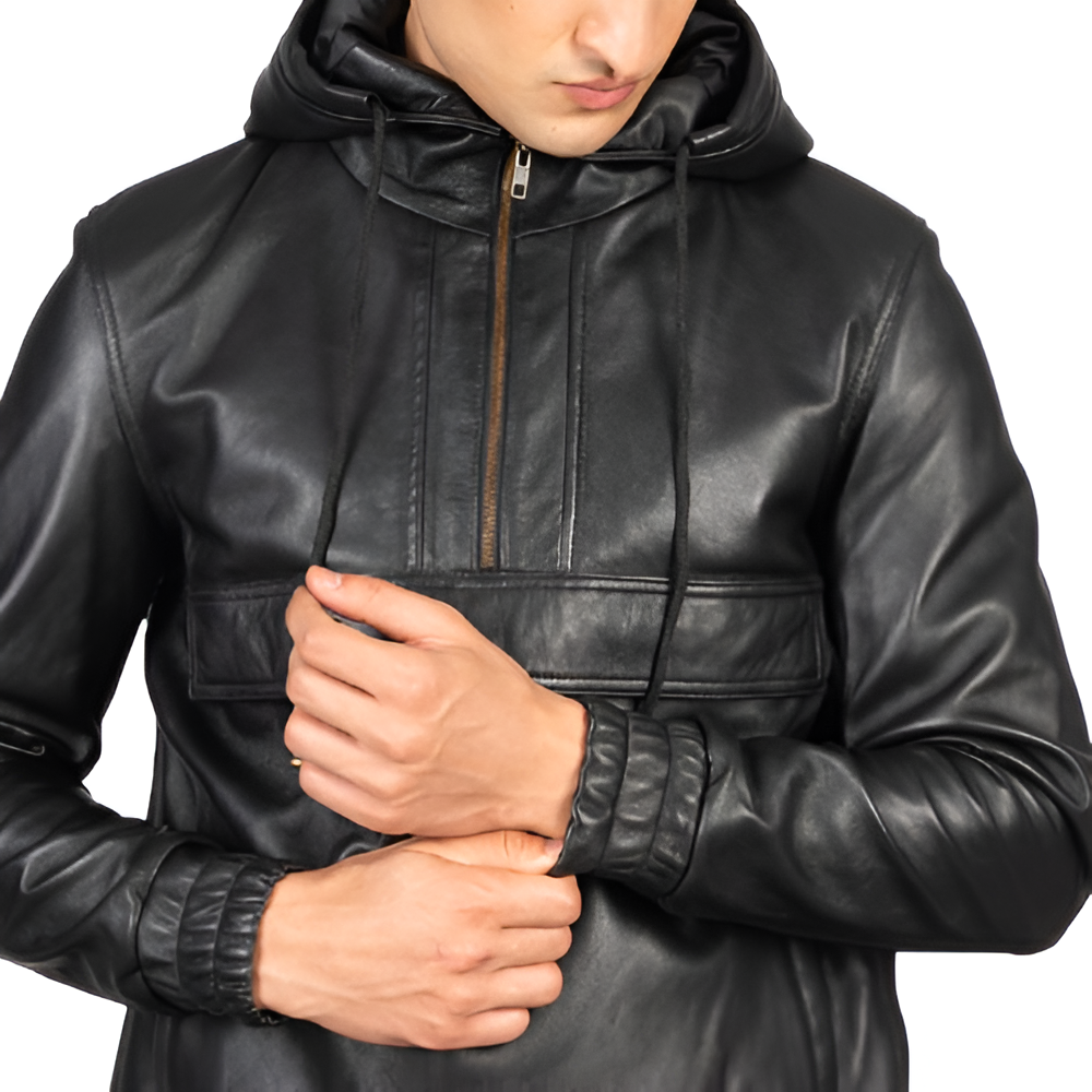 Men's Black Hooded Leather Pullover