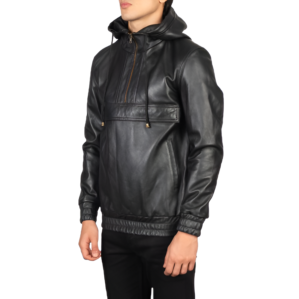 Men's Black Hooded Leather Pullover