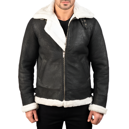 Men's Shearling-Lined Black Leather Jacket