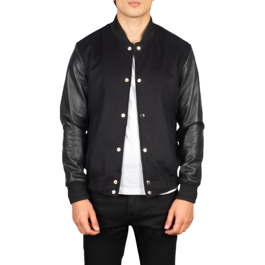 Men's Black Varsity Jacket with Leather Sleeves