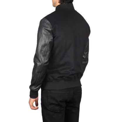 Men's Black Varsity Jacket with Leather Sleeves