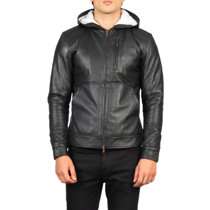 Men's Black Leather Hoodie Jacket