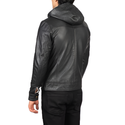 Men's Black Leather Hoodie Jacket