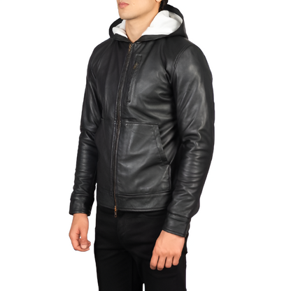 Men's Black Leather Hoodie Jacket