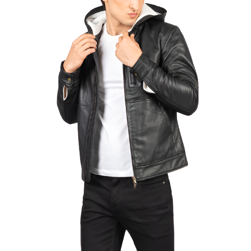 Men's Black Leather Hoodie Jacket