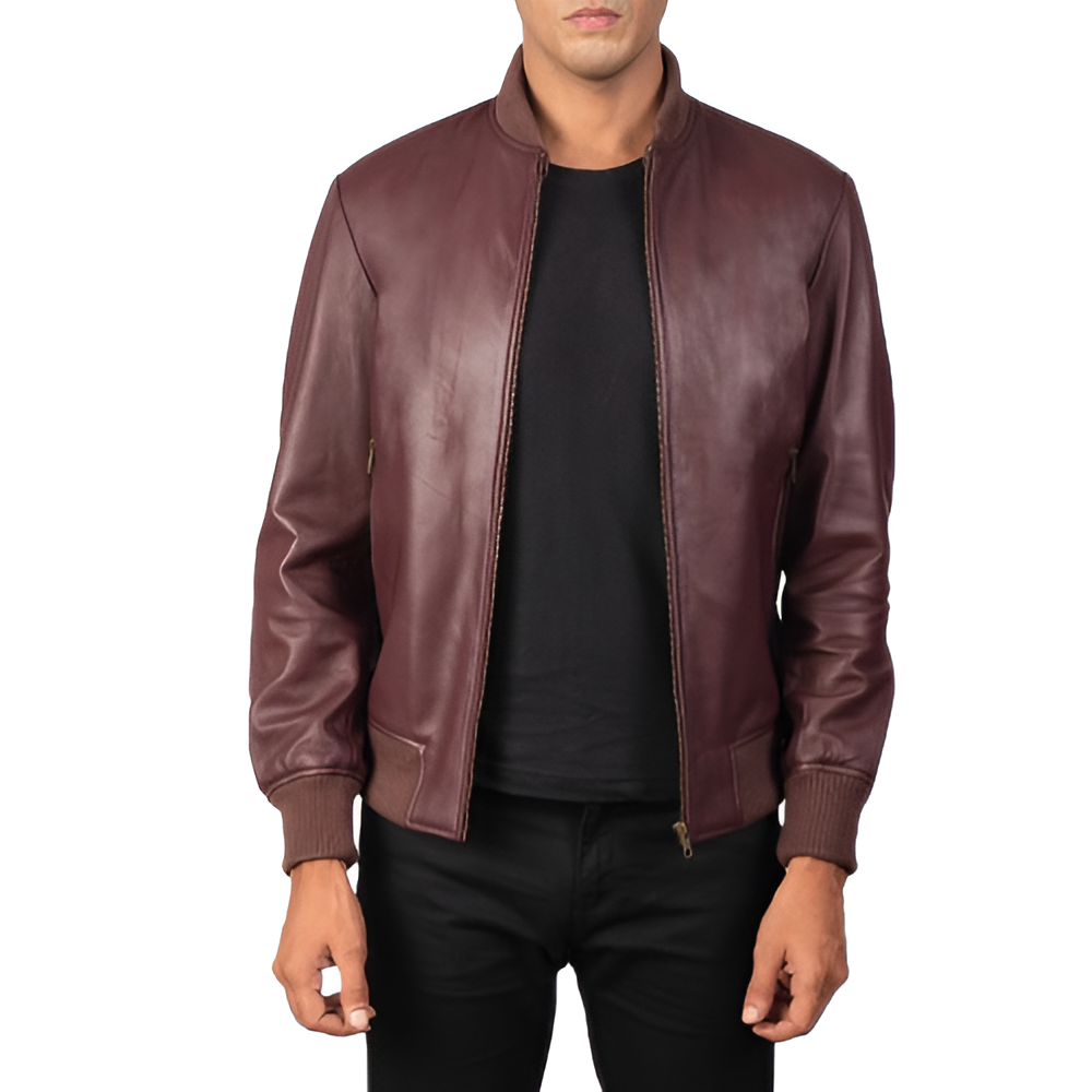 Men's Maroon Leather Bomber Jacket