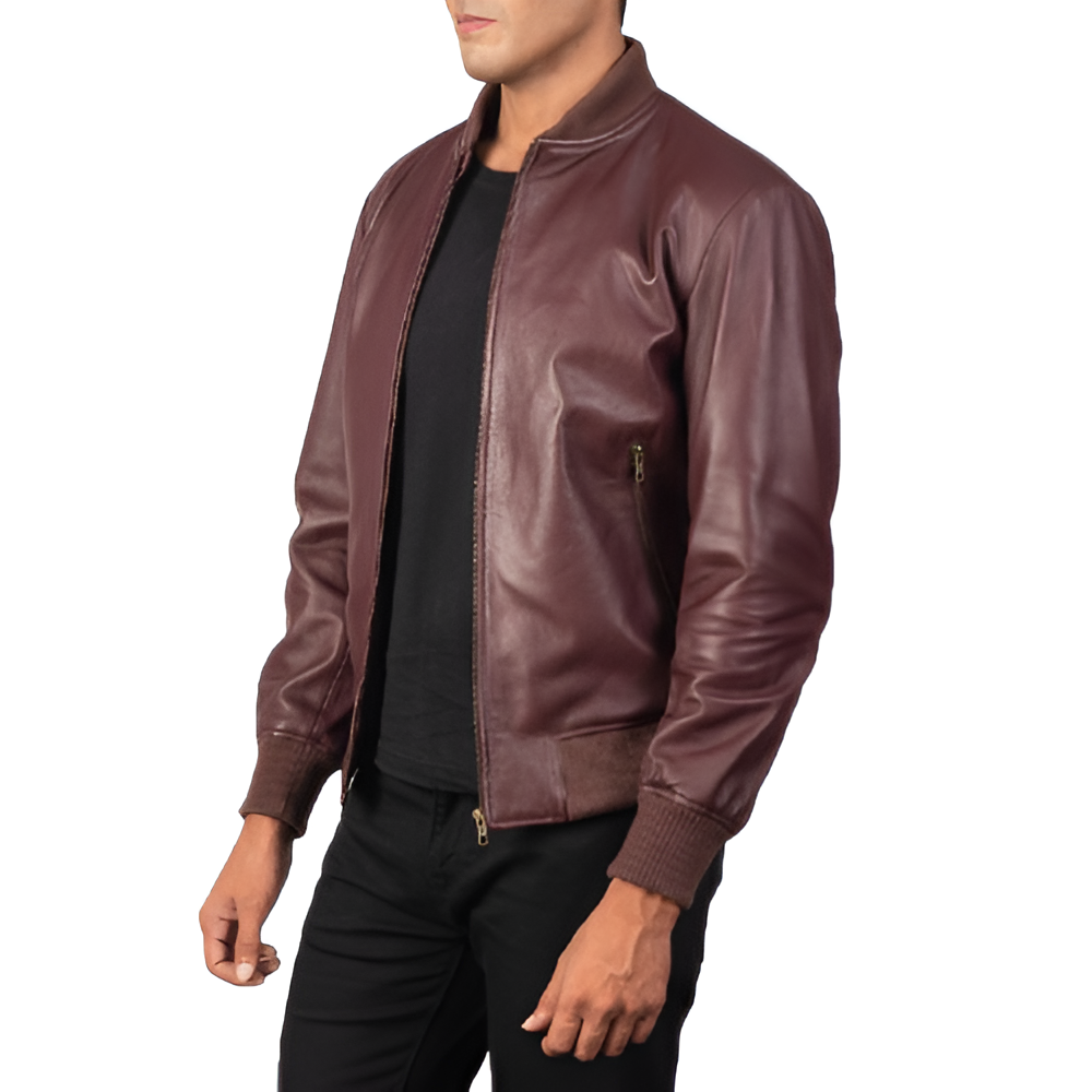 Men's Maroon Leather Bomber Jacket