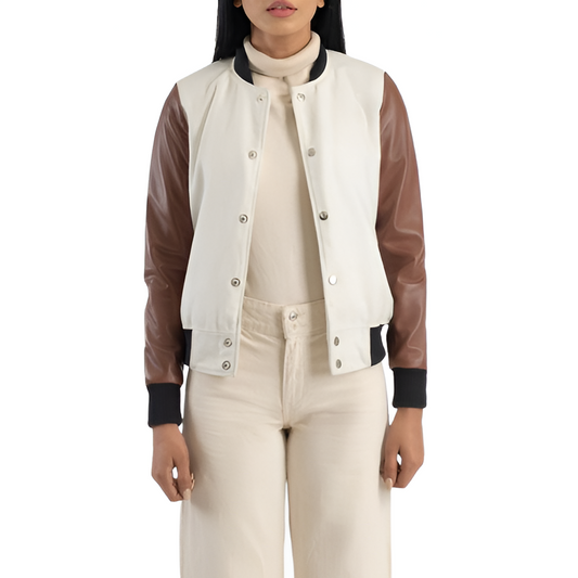 Women's Varsity Jacket with Cream Body and Brown Leather Sleeves