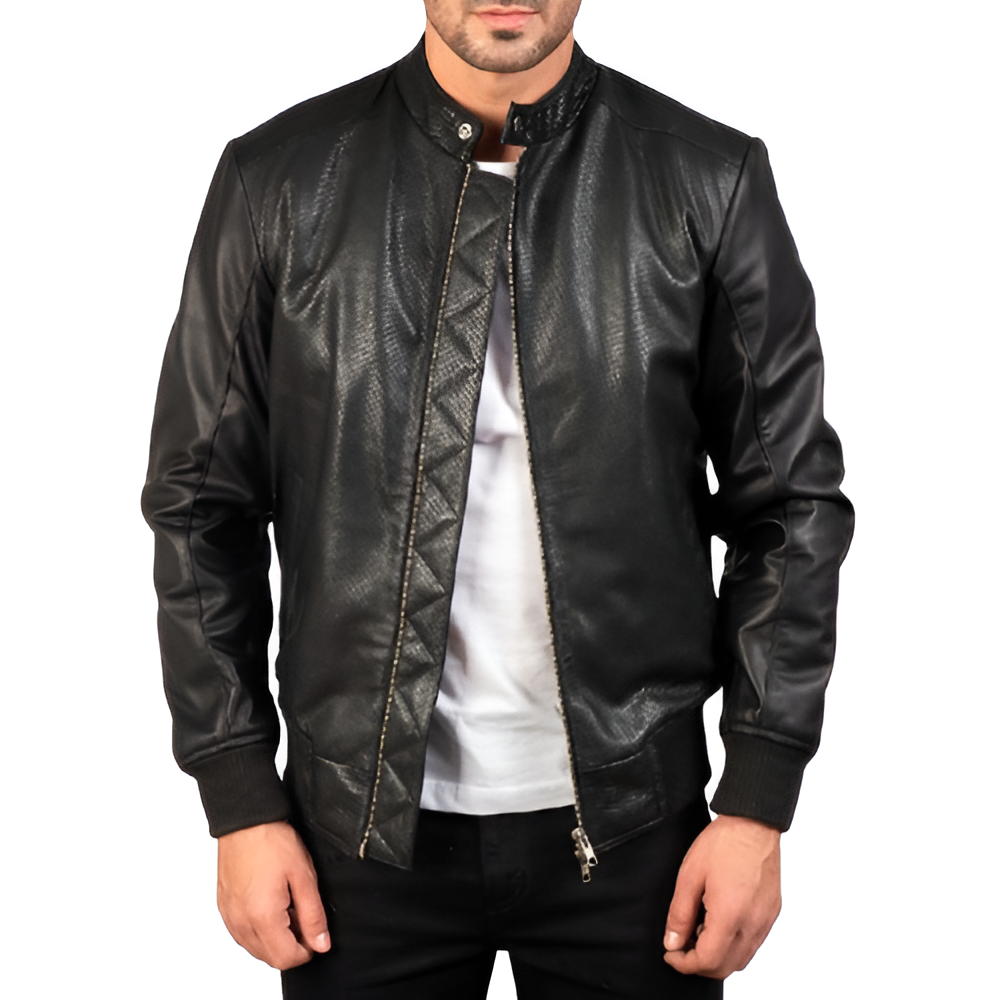 Men's Black Stand Collar Leather Jacket