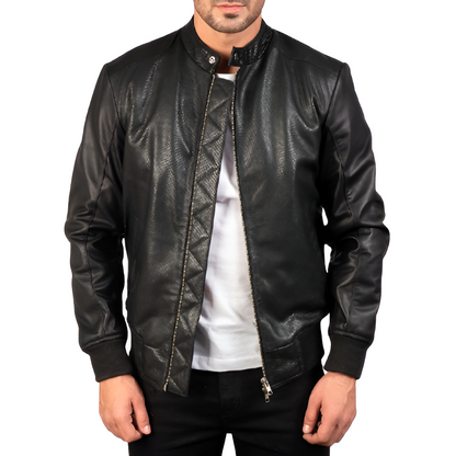 Men's Black Stand Collar Leather Jacket