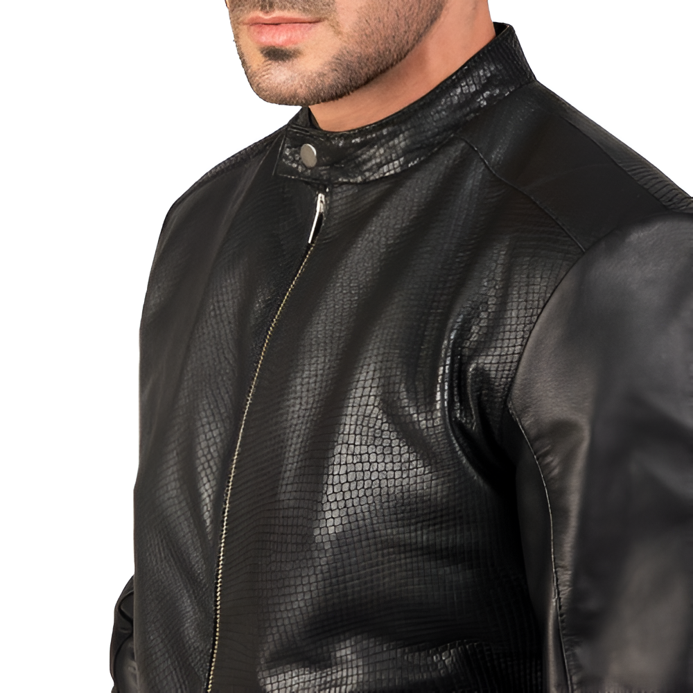 Men's Black Stand Collar Leather Jacket