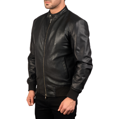 Men's Black Stand Collar Leather Jacket