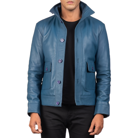 Men's Blue Leather Button-Up Jacket