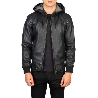 Men's Black Hooded Leather Jacket