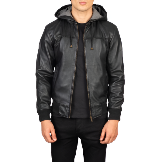 Men's Black Hooded Leather Jacket