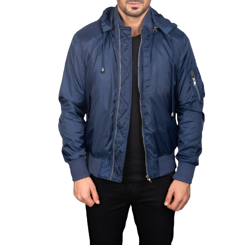 Men's Navy Blue Hooded Bomber Jacket