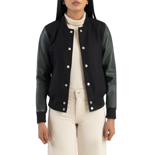 Women's Varsity Jacket with Black Body and Dark Green Leather Sleeves