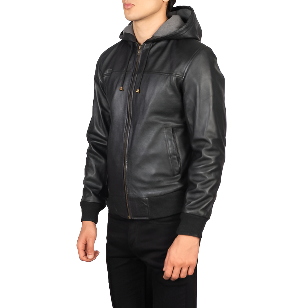 Men's Black Hooded Leather Jacket