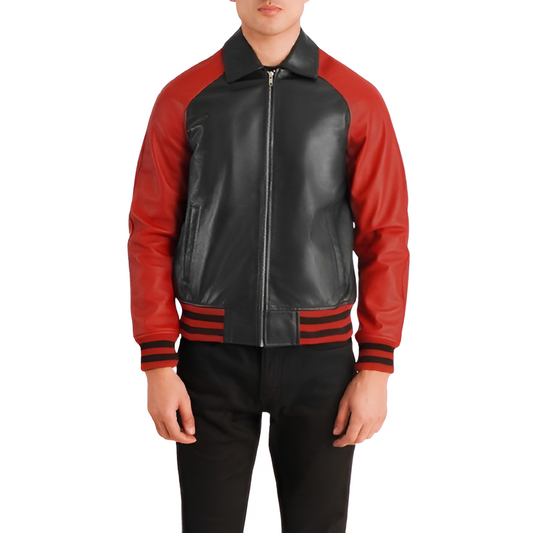 Men's Black and Red Varsity Leather Jacket