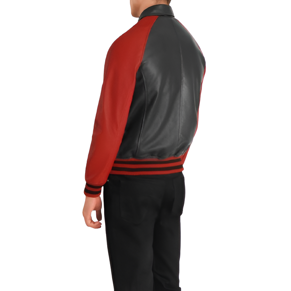 Men's Black and Red Varsity Leather Jacket