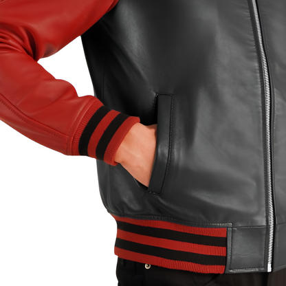 Men's Black and Red Varsity Leather Jacket