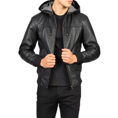 Men's Black Hooded Leather Jacket