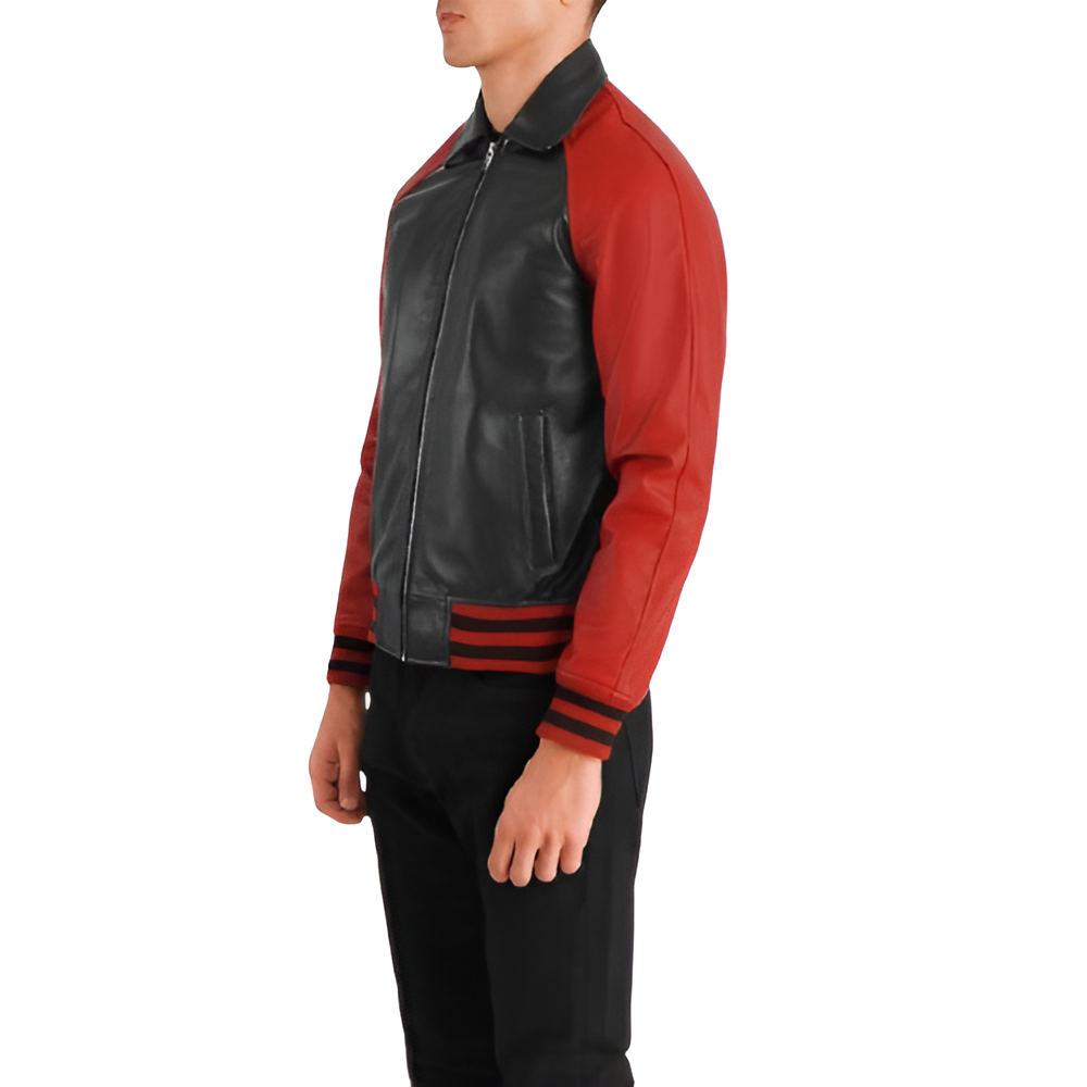 Men's Black and Red Varsity Leather Jacket