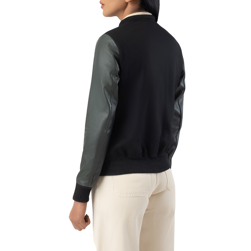 Women's Varsity Jacket with Black Body and Dark Green Leather Sleeves